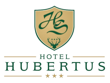 Logo Hotelu Hubertus z herbem, monogramem HS i obrazem jelenia, trzy gwiazdki.